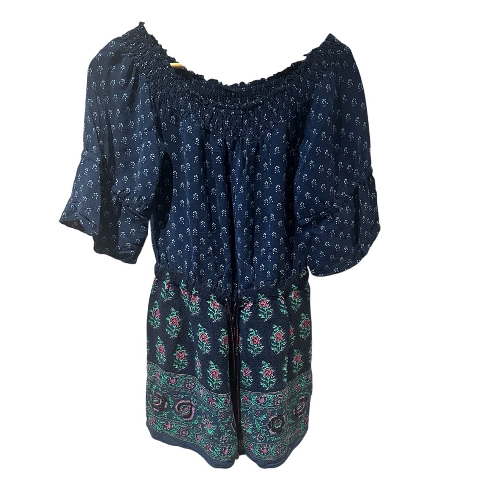 Anthropologie Kaleo Off-The-Shoulder Romper Blue Green Floral Size Small‎